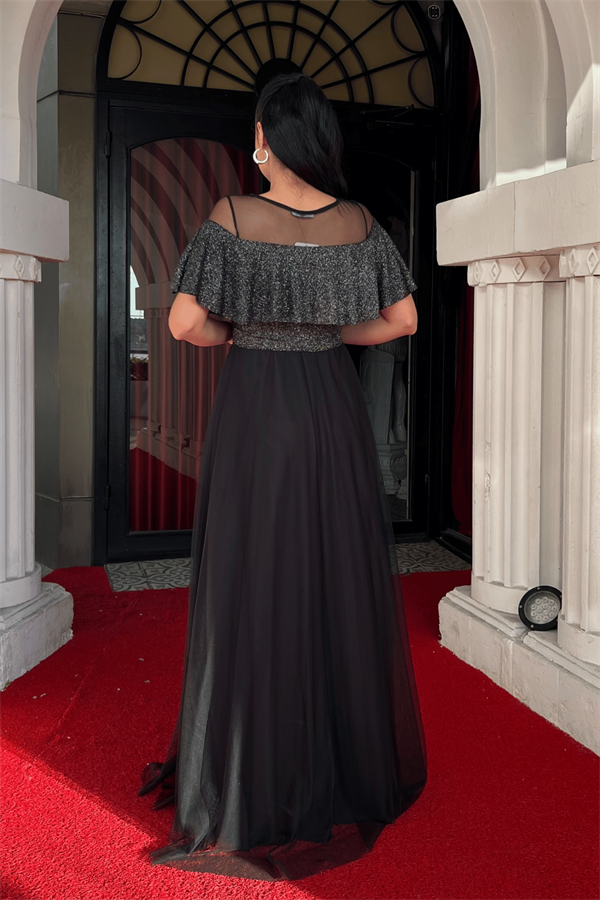 Üst Simli Kumaş Alt Tül Kumaş Detaylı Abiye Elbise - SİYAH