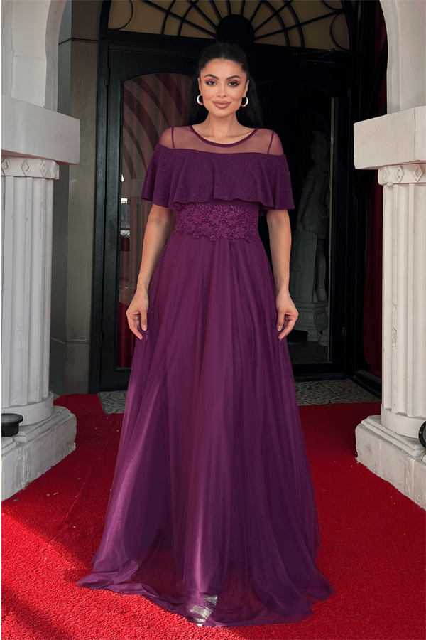 Üst Simli Kumaş Alt Tül Kumaş Detaylı Abiye Elbise - PATLICAN MOR