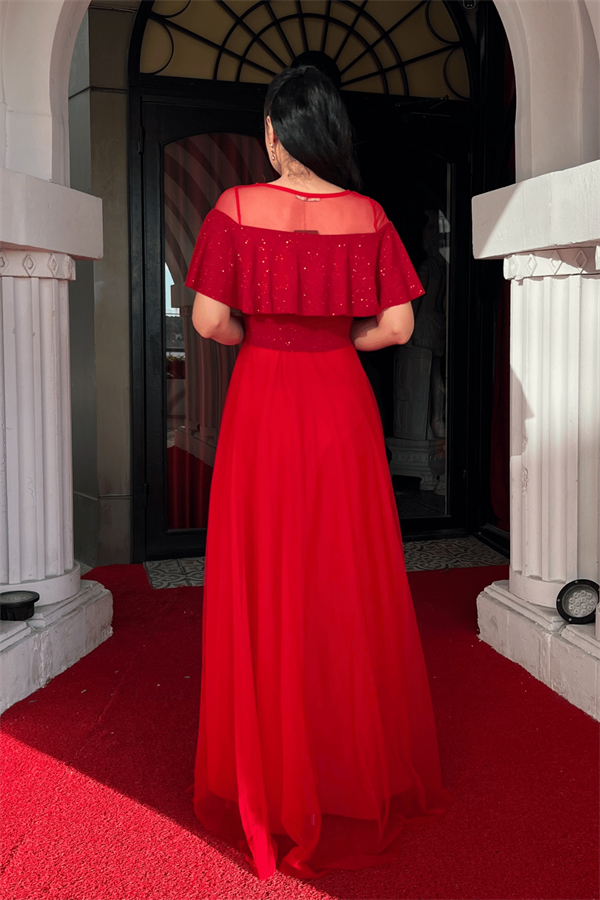 Üst Simli Kumaş Alt Tül Kumaş Detaylı Abiye Elbise - KIRMIZI