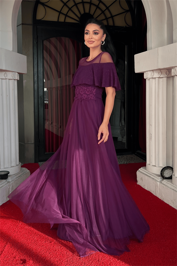 Üst Simli Kumaş Alt Tül Kumaş Detaylı Abiye Elbise - PATLICAN MOR