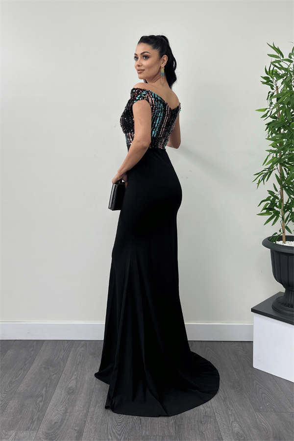 Top Spangle Bottom Crepe Mermaid Evening Dress - Black