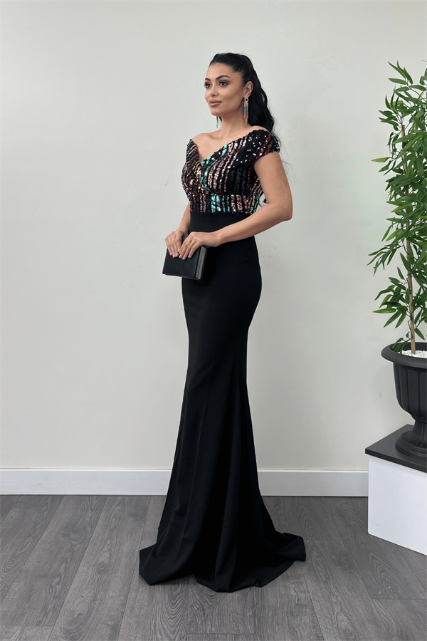 Top Spangle Bottom Crepe Mermaid Evening Dress - Black