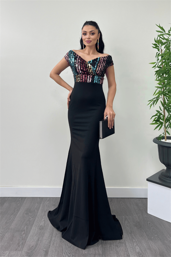 Top Spangle Bottom Crepe Mermaid Evening Dress - Black