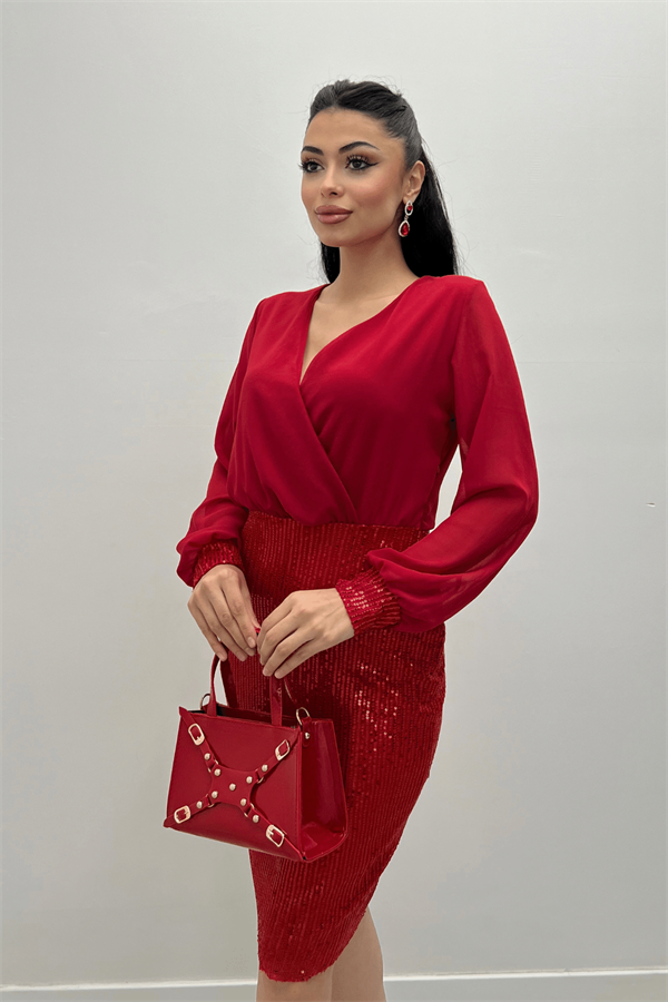 Üstü Şifon Alt Payet Elbise - KIRMIZI