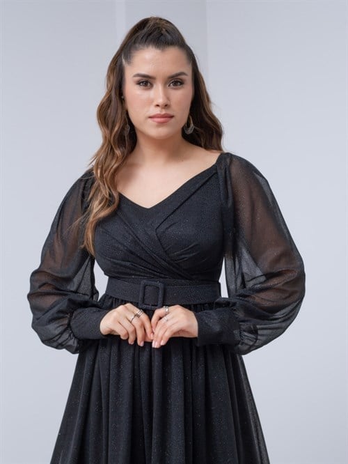 Long Sleeve Belted Tulle Dress Black