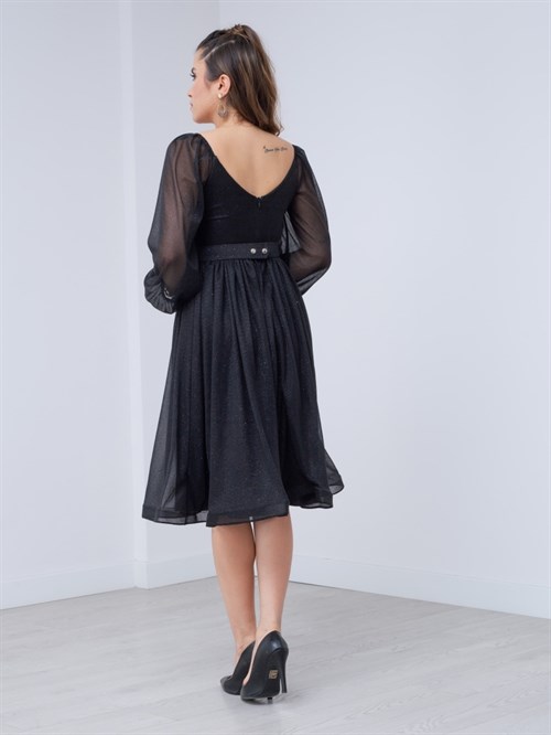 Long Sleeve Belted Tulle Dress Black
