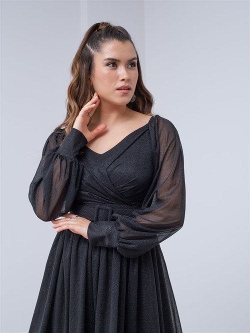 Long Sleeve Belted Tulle Dress Black