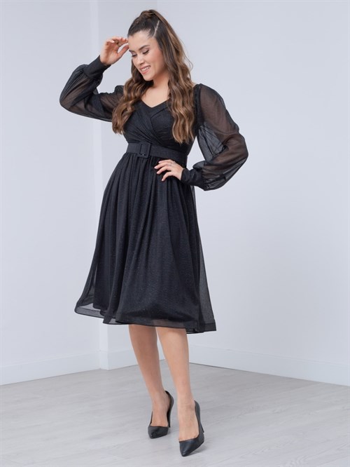 Long Sleeve Belted Tulle Dress Black