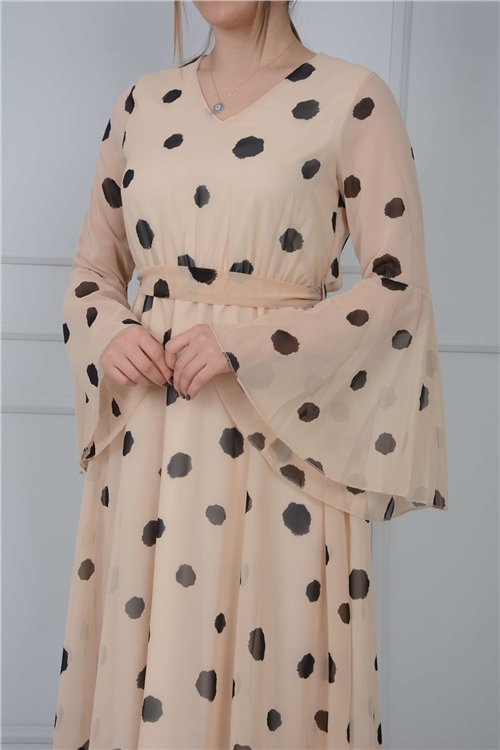 V Neck Belted Chiffon Dress - Cream