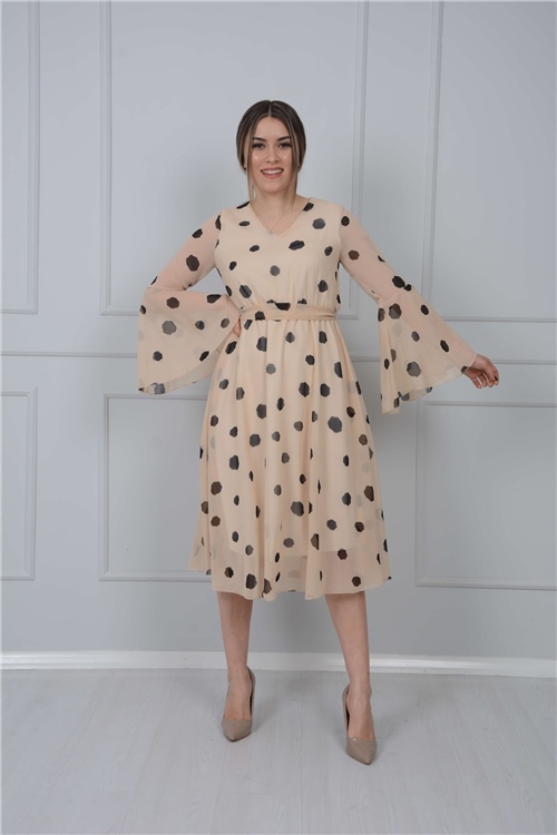 V Neck Belted Chiffon Dress - Cream