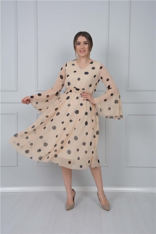 V Neck Belted Chiffon Dress - Cream