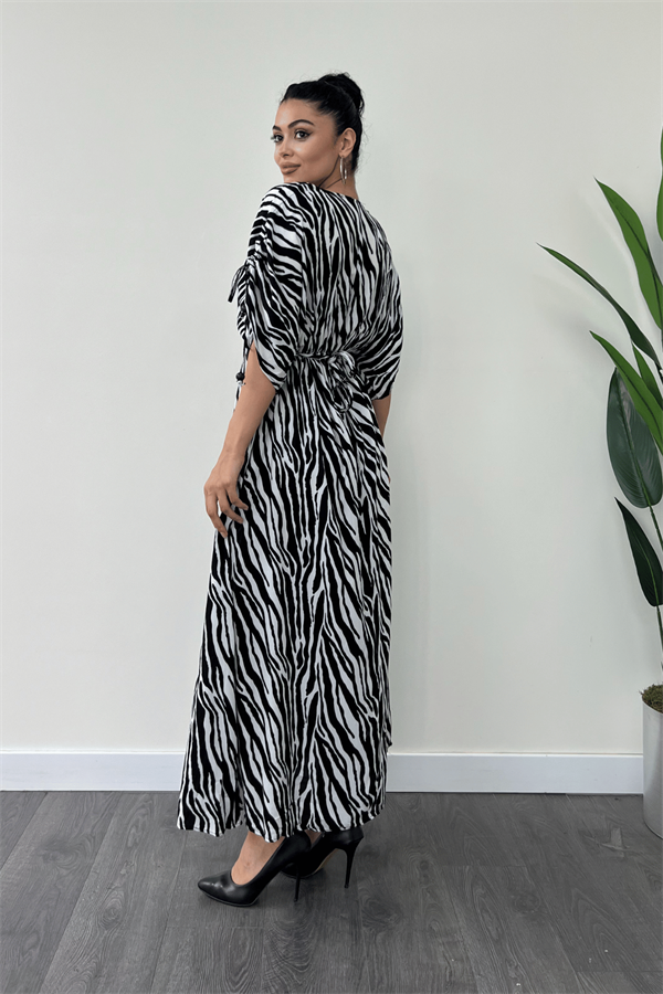 Viskon Kumaş Beli Lastikli Midi Elbise  - SİYAH