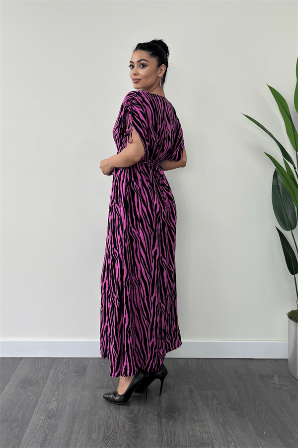 Viskon Kumaş Beli Lastikli Midi Elbise  - PEMBE