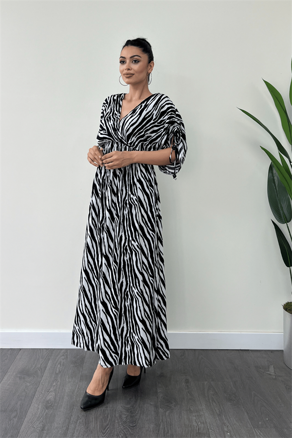 Viskon Kumaş Beli Lastikli Midi Elbise  - SİYAH