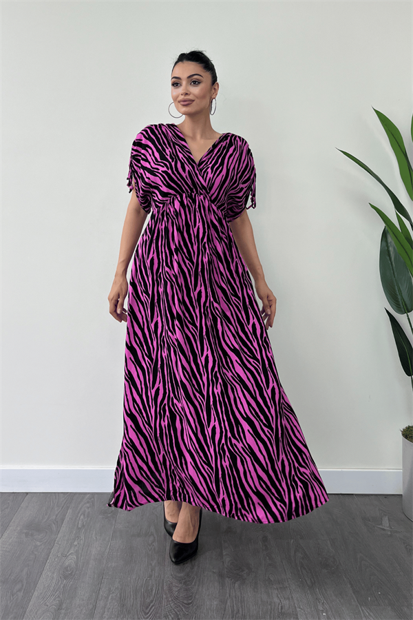 Viskon Kumaş Beli Lastikli Midi Elbise  - PEMBE