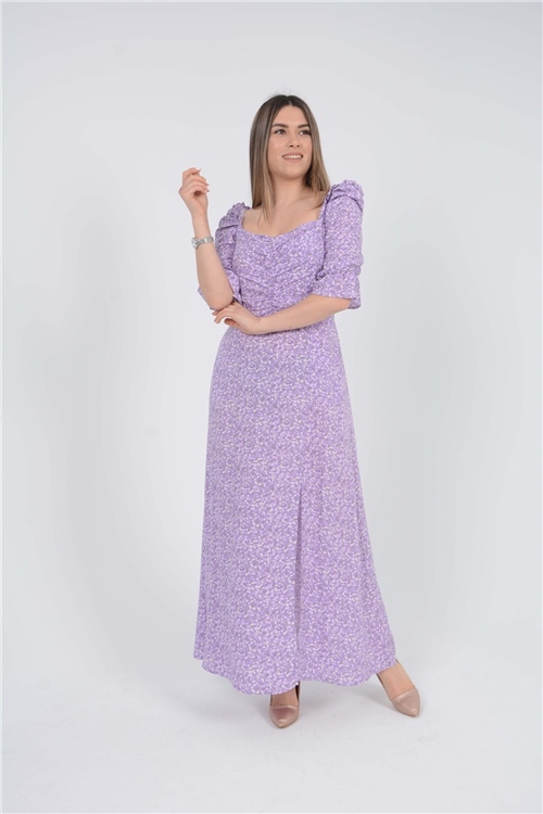 Viscose Fabric Flower Pattern Dress - Lilac Color