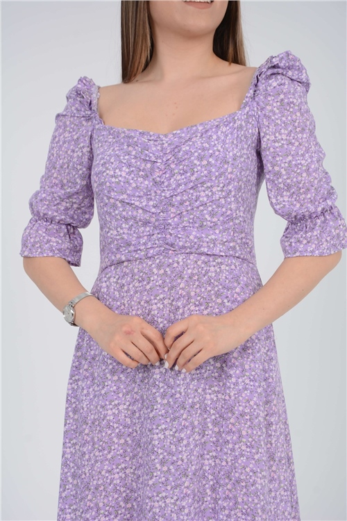 Viscose Fabric Flower Pattern Dress - Lilac Color