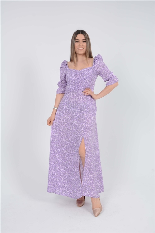 Viscose Fabric Flower Pattern Dress - Lilac Color
