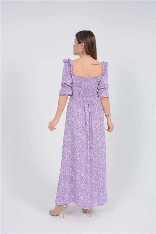 Viscose Fabric Flower Pattern Dress - Lilac Color