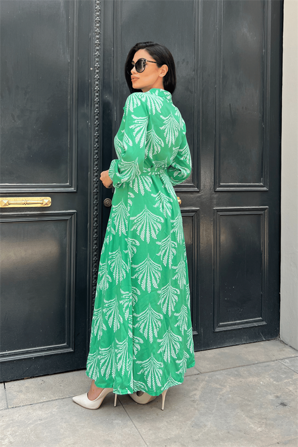 Viskon Kumas Düğme Detaylı Gömlek Elbise - YEŞİL