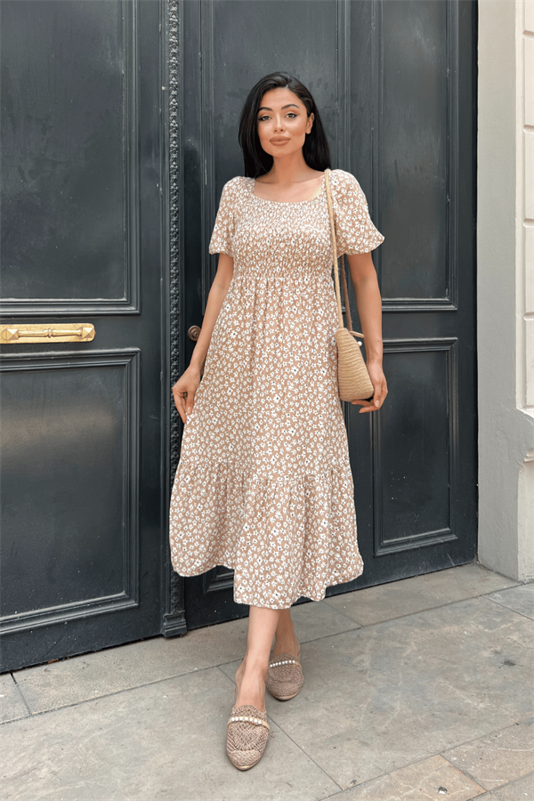 Viskon Kumas Göğüs Lastikli Midi Elbise - KREM