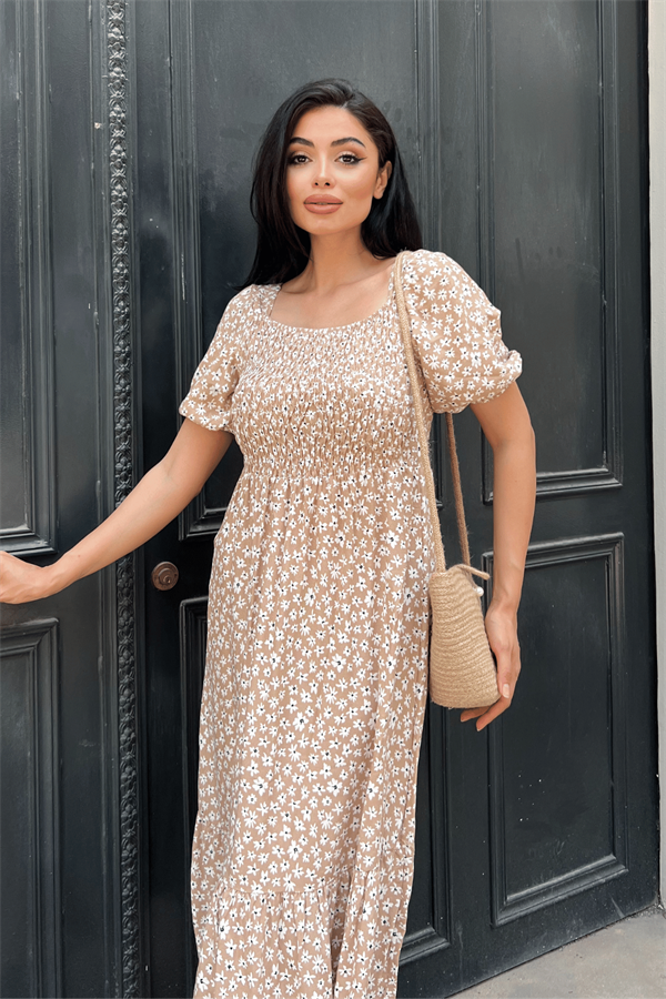 Viskon Kumas Göğüs Lastikli Midi Elbise - KREM