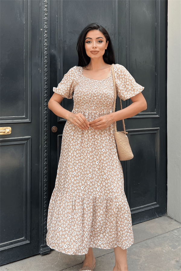 Viskon Kumas Göğüs Lastikli Midi Elbise - KREM