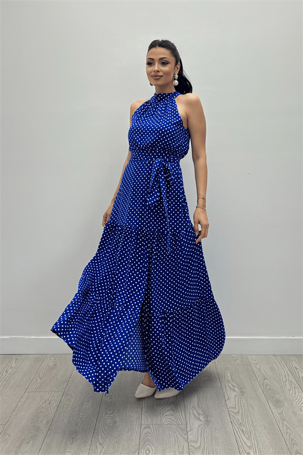 Viskon Kumas Puantiye Desenli Maxi Elbise - SAKS MAVİ