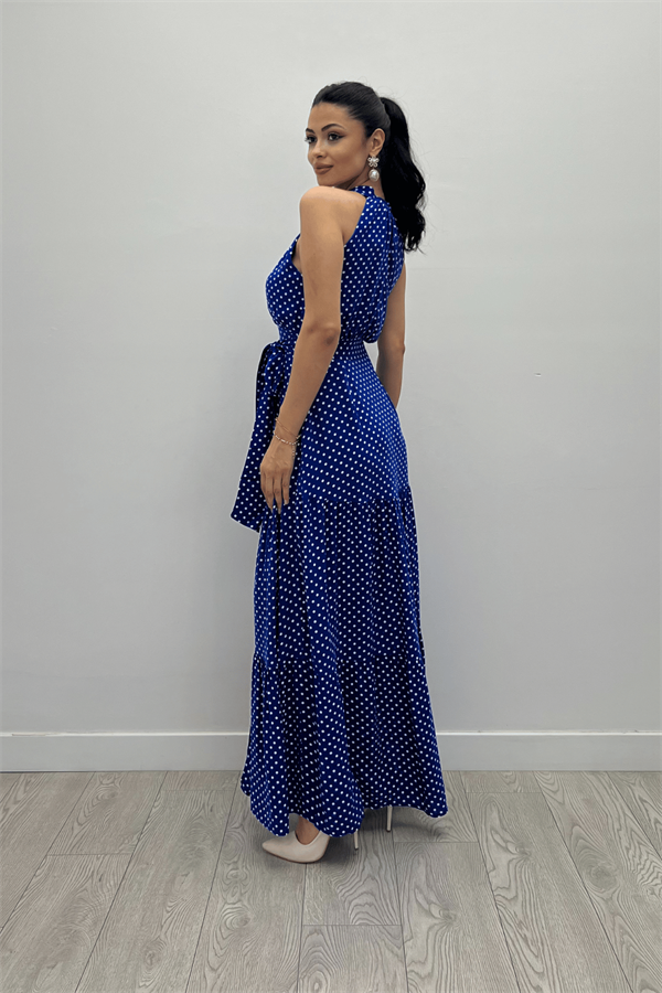 Viskon Kumas Puantiye Desenli Maxi Elbise - SAKS MAVİ