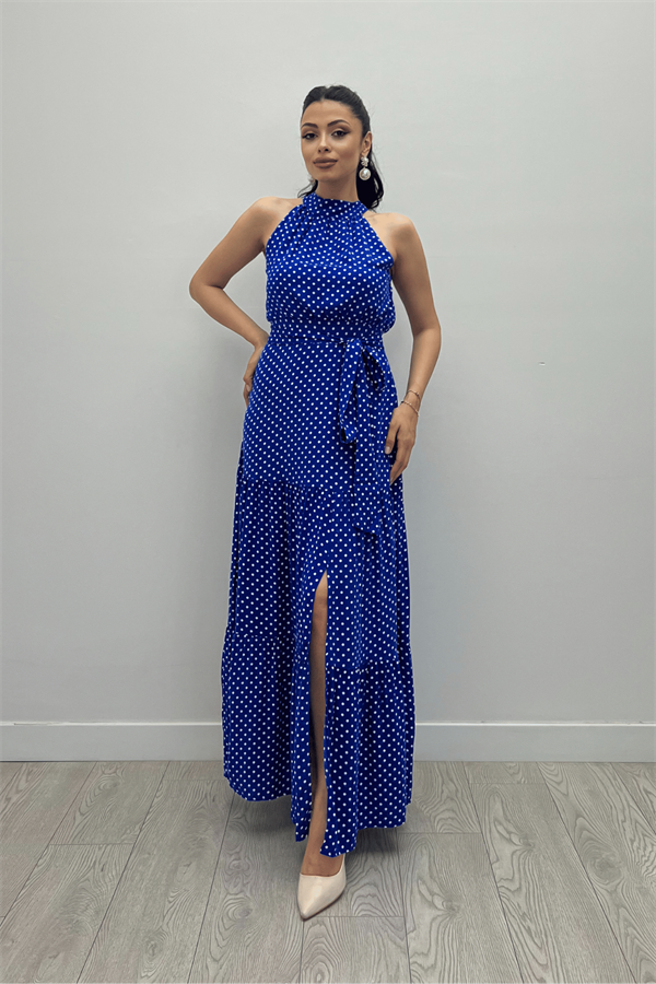 Viskon Kumas Puantiye Desenli Maxi Elbise - SAKS MAVİ