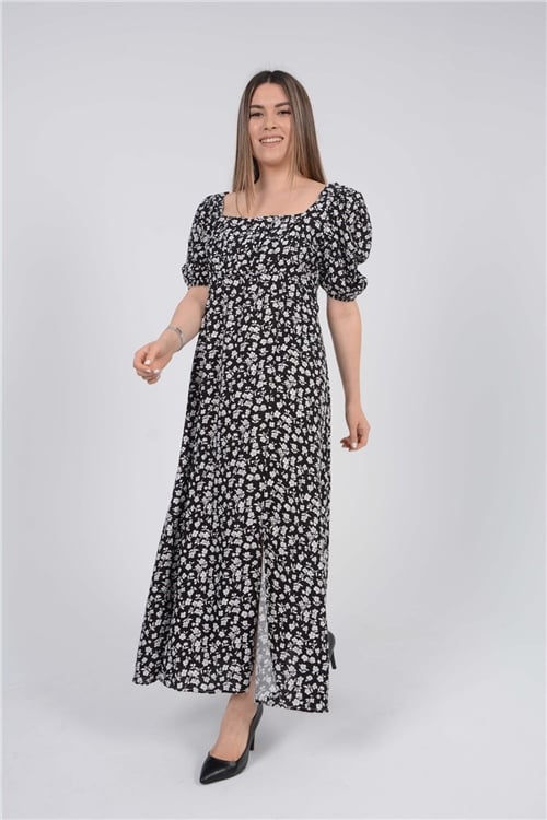 Viscone Fabric Slit Detailed Dress - Black