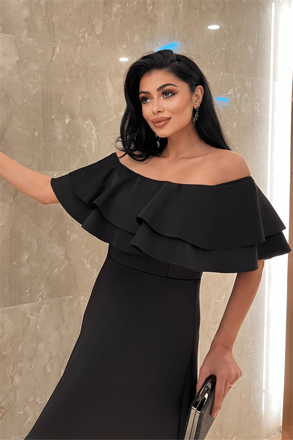 Volanlı Elbise - Siyah