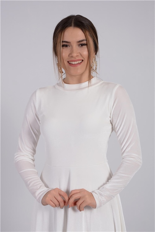 Boğazlı Midi Kadife Elbise - Beyaz