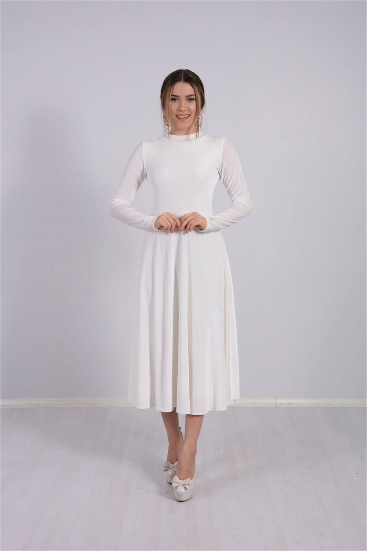 Boğazlı Midi Kadife Elbise - Beyaz | Giyim Masalı