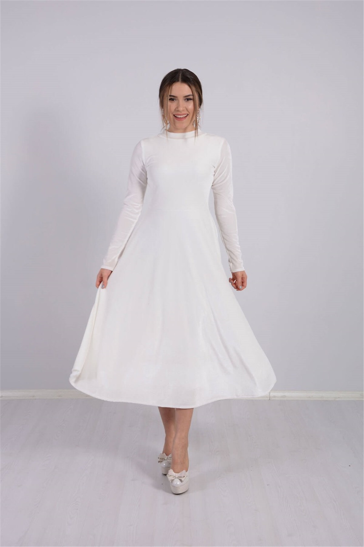 فستان مخمل ميدي بياقة مدورة - أبيض | Giyim Masalı