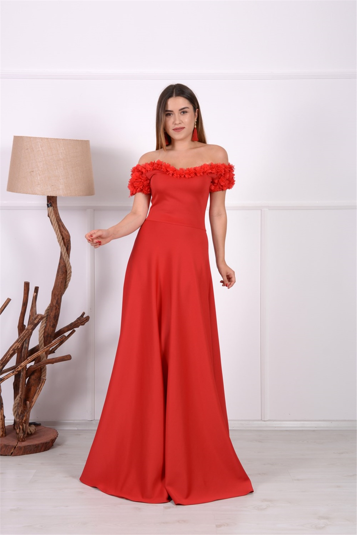 Çiçekli Abiye Elbise - Kırmızı | Giyim Masalı