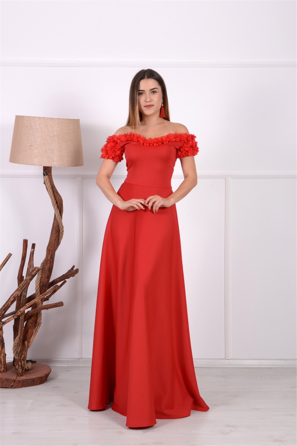 Flower Pattern Evening Dress - Red | Giyim Masalı