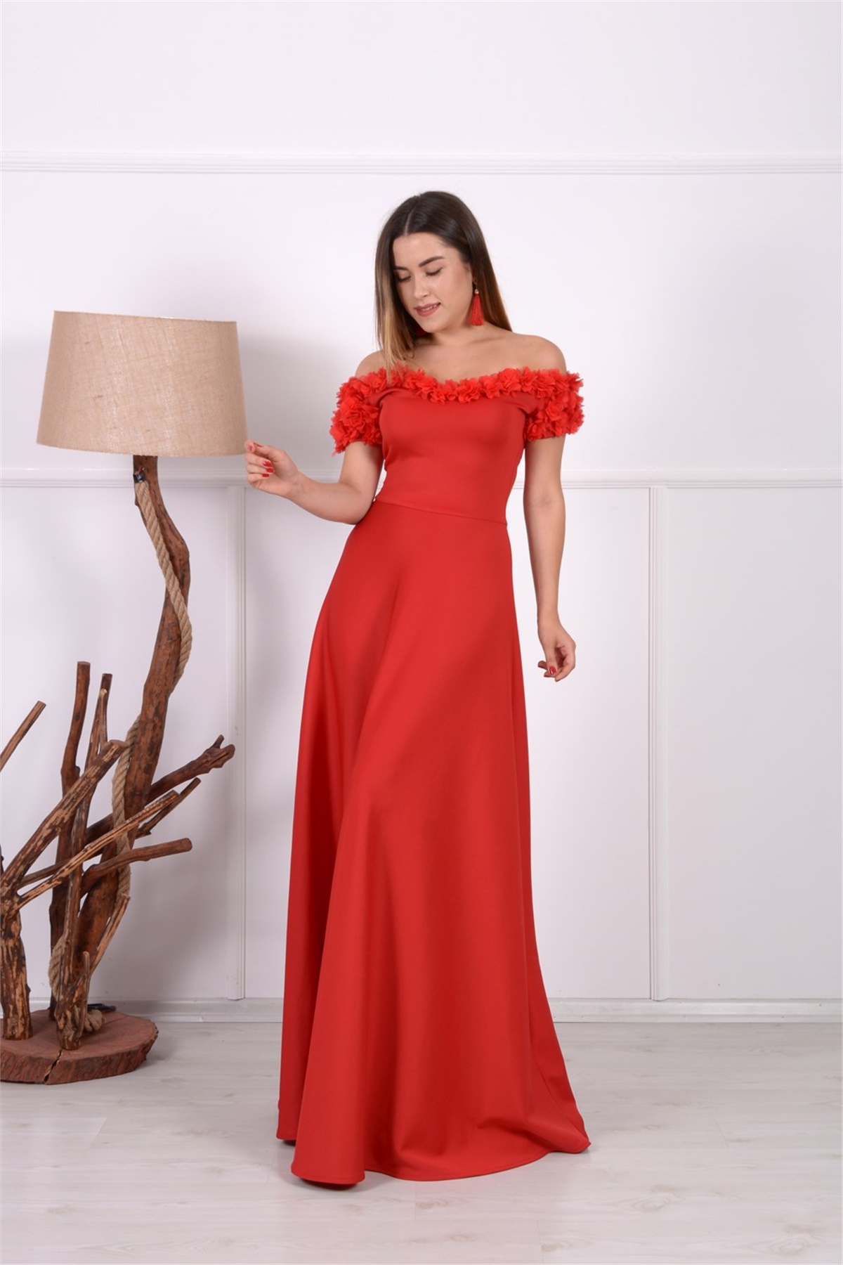 Çiçekli Abiye Elbise - Kırmızı - Giyim Masalı