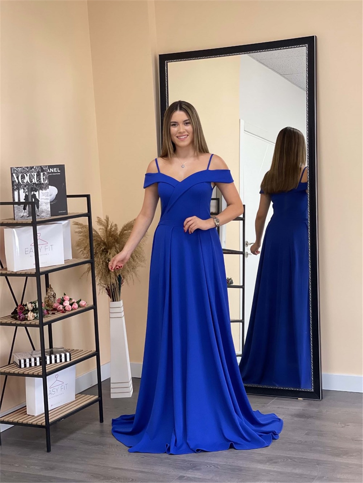 Crep Kumaş Askılı Prenses Elbise - Saks Mavisi | Giyim Masalı