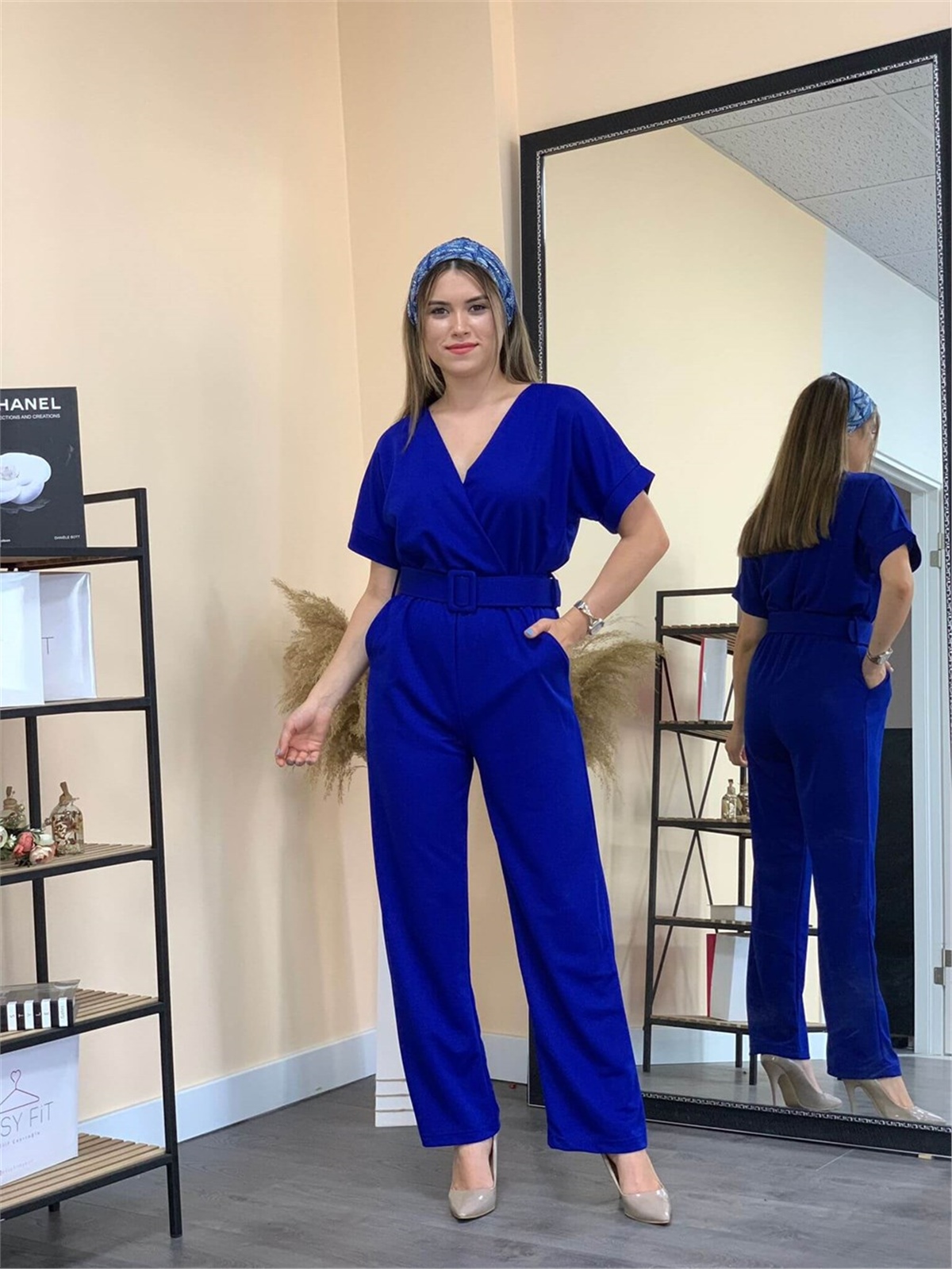 Crepe Fabric Belted Jumpsuit - Sax Blue | Giyim Masalı