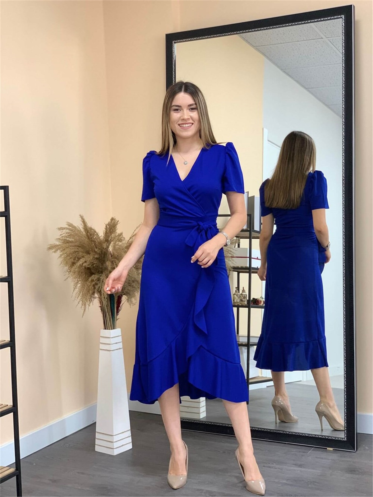 Crep Kumaş Midi Elbise - Saks Mavisi | Giyim Masalı