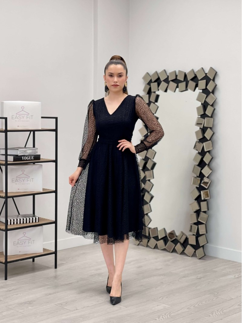 Lace Fabric V-Neck Midi Dress - Black | Giyim Masalı