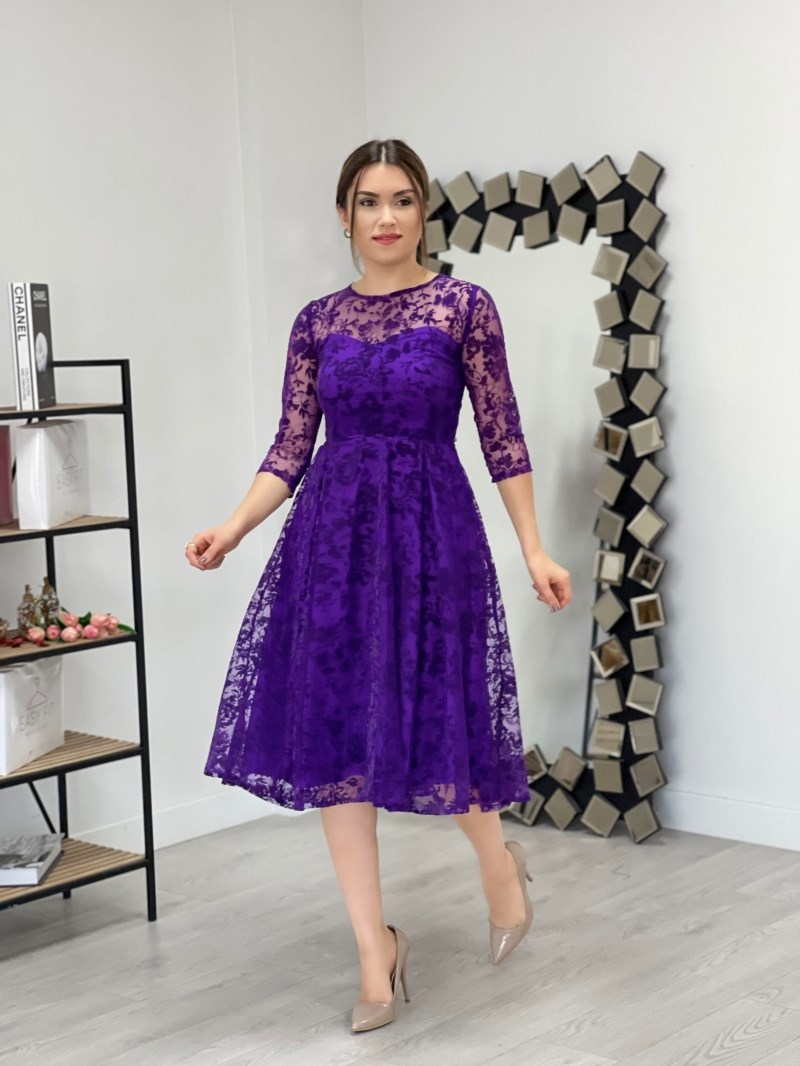 Flock Printed Lace Dress - Purple | Giyim Masalı