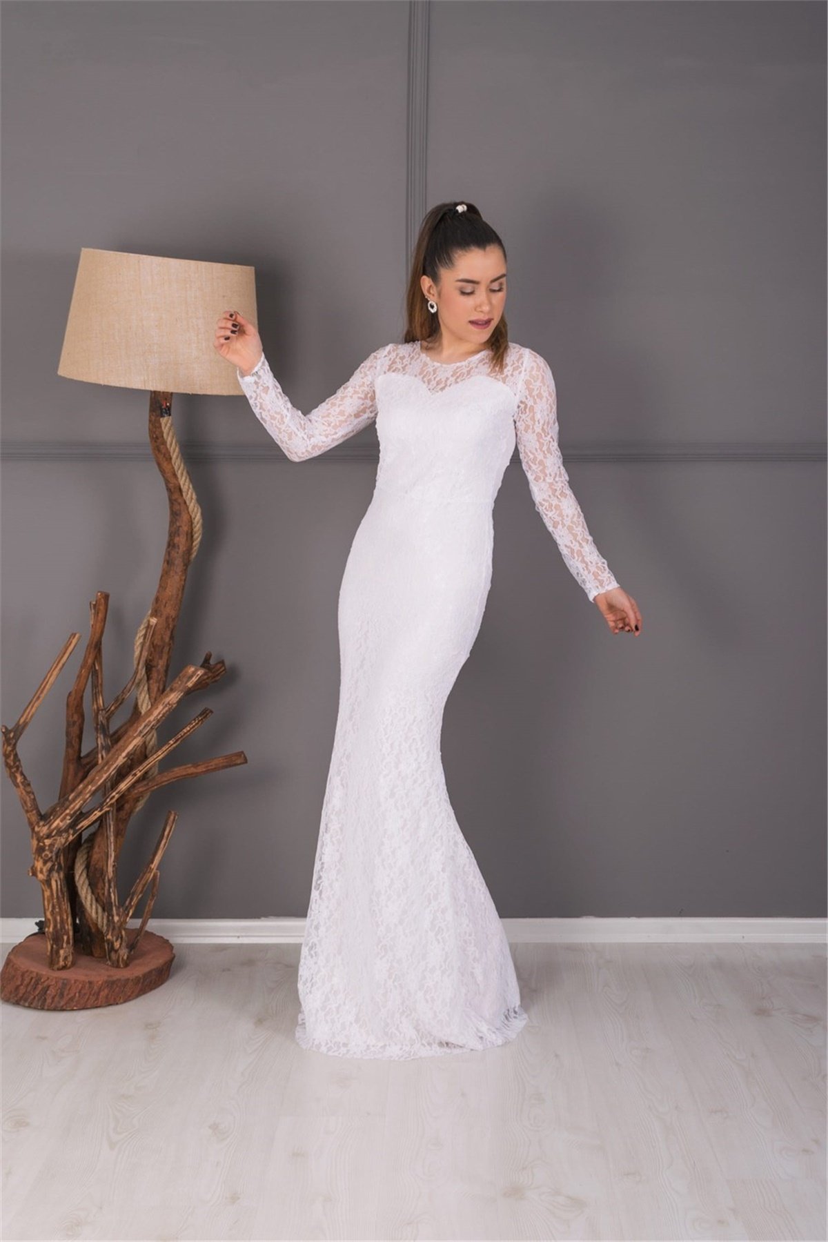 Full Lace Fish Evening Dress - White | Giyim Masalı