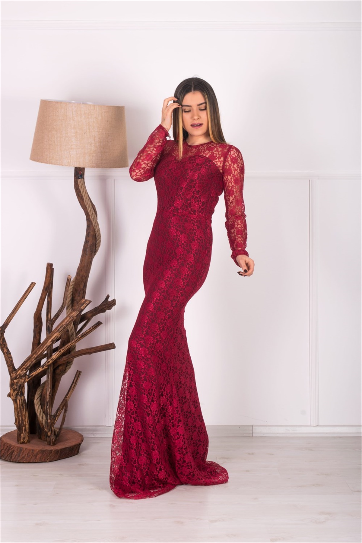 Full Lace Fish Evening Dress - Burgundy | Giyim Masalı