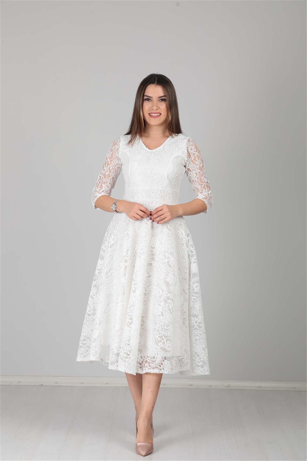 فستان سهرة ميدي من الدانتيل- أبيض | Giyim Masalı