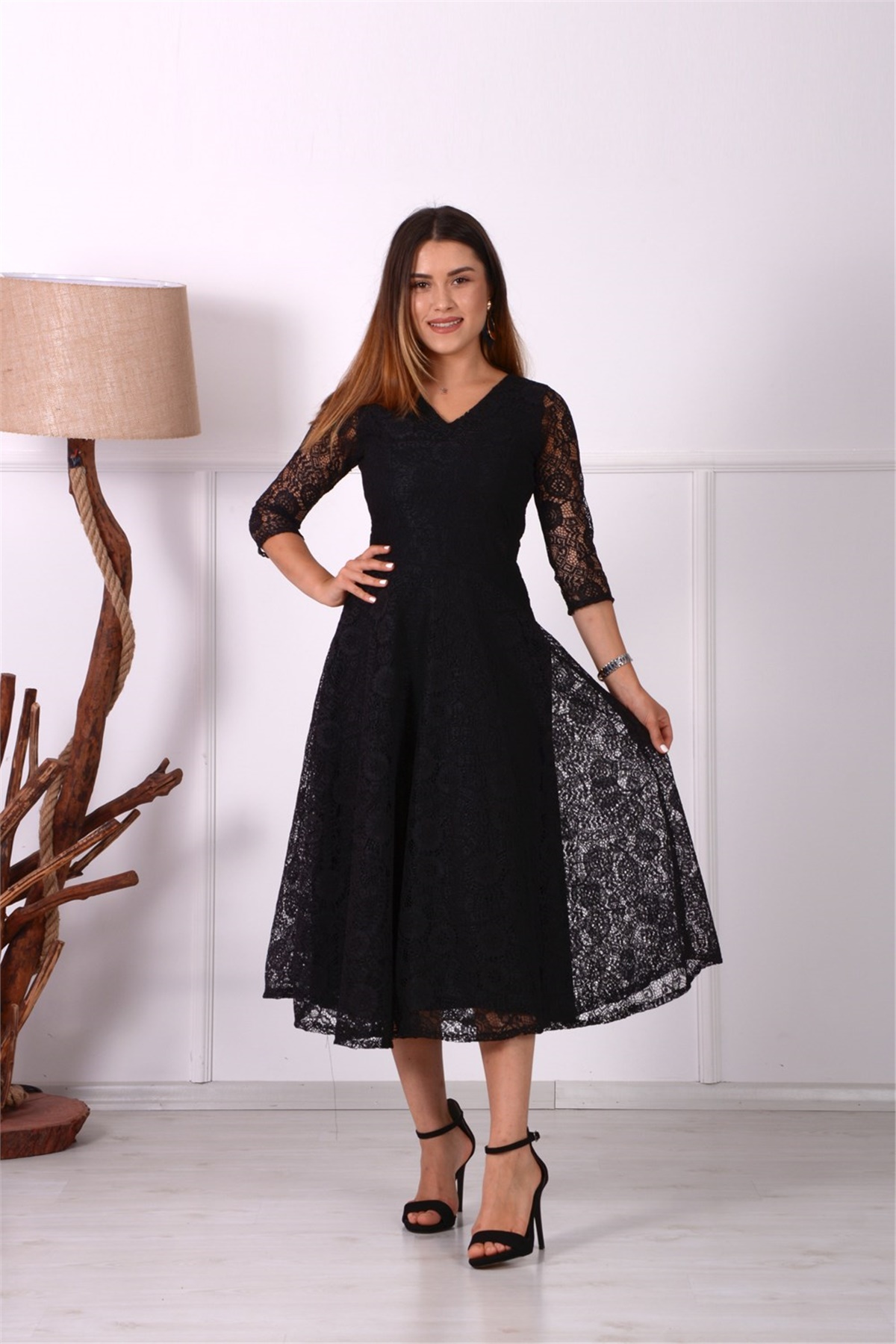 Full Dantel Midi Elbise - Siyah | Giyim Masalı