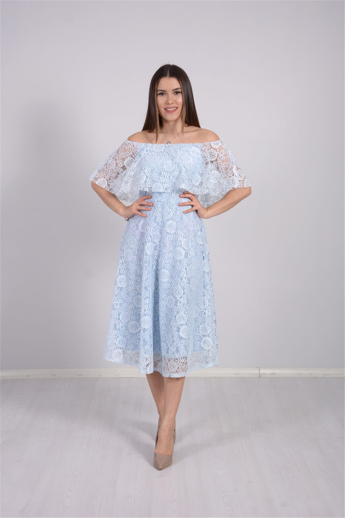 Full Dantel Volanlı Elbise - Buz Mavi | Giyim Masalı