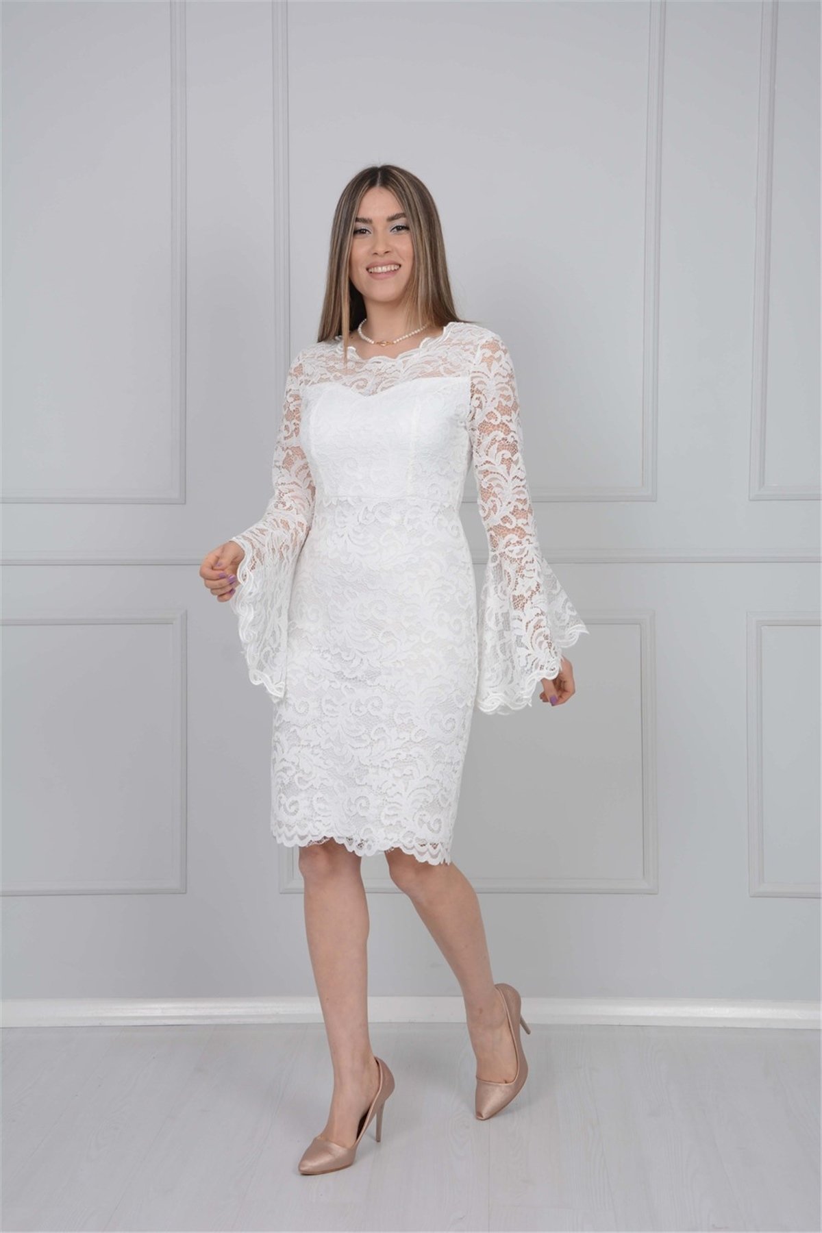 Full Guipure Bulge Sleeve Dress - White | Giyim Masalı