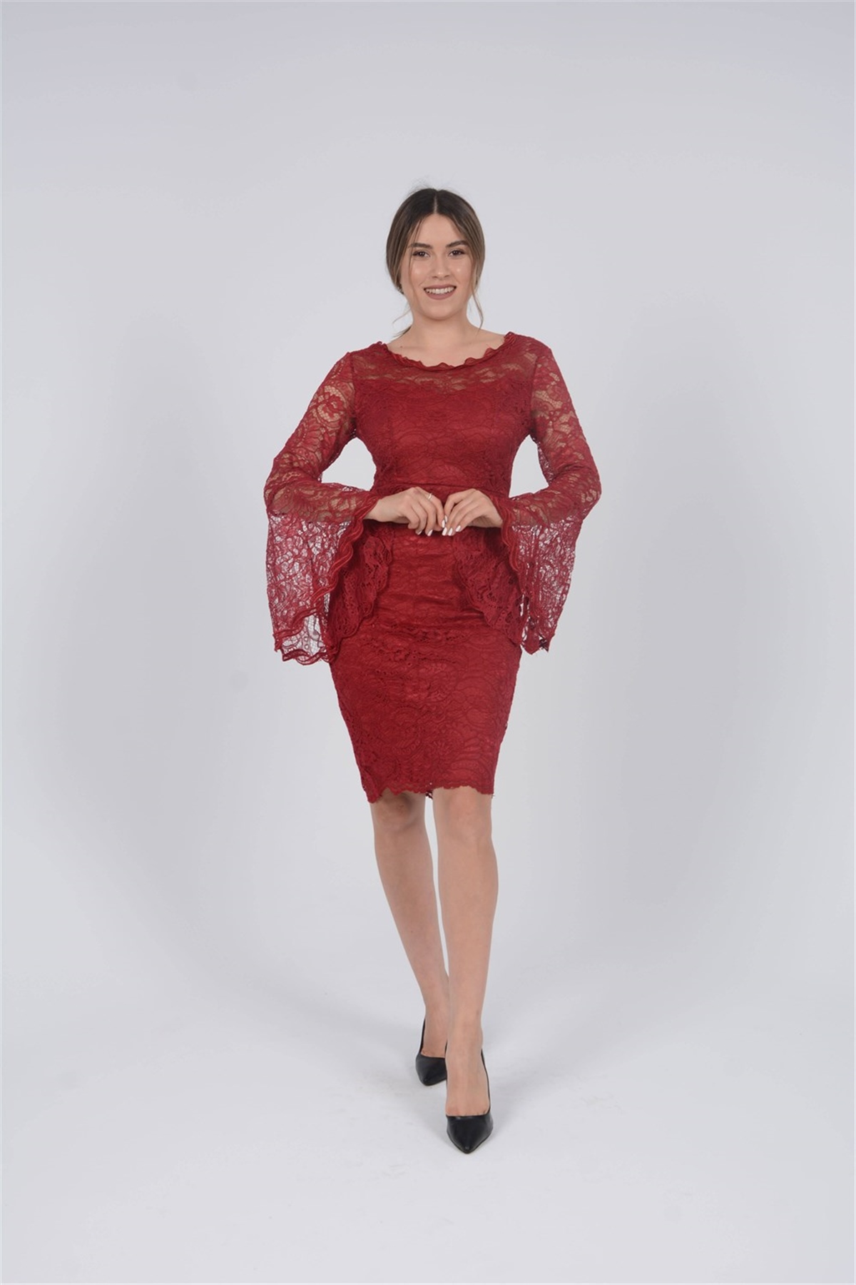 Full Guipure Bulge Sleeve Dress - Claret Red | Giyim Masalı